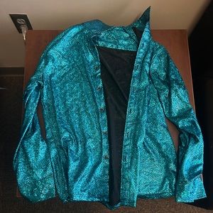 Chrome bright blue button up party shirt.